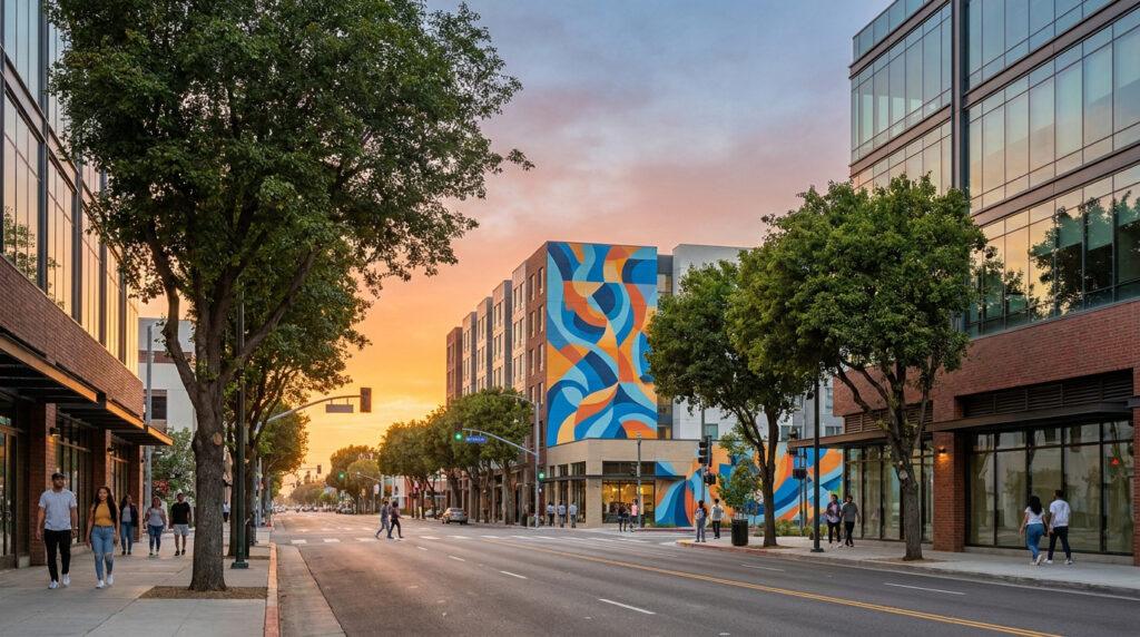 Rue urbaine moderne à Compton avec une fresque murale colorée, des arbres et des piétons au coucher du soleil.