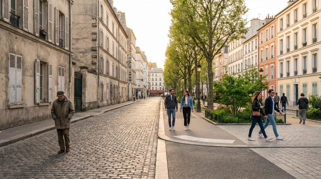 Une rue pavée traditionnelle avec des bâtiments anciens et des piétons marchant en toute tranquillité.