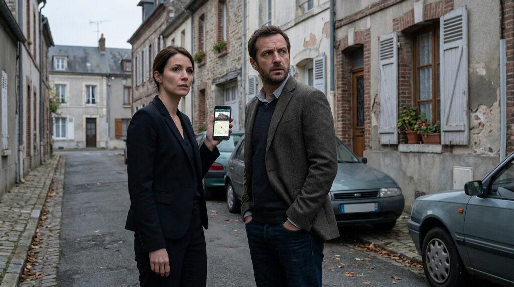 Un homme et une femme dans une rue ancienne regardent un smartphone pour s'orienter lors d'une recherche immobilière.