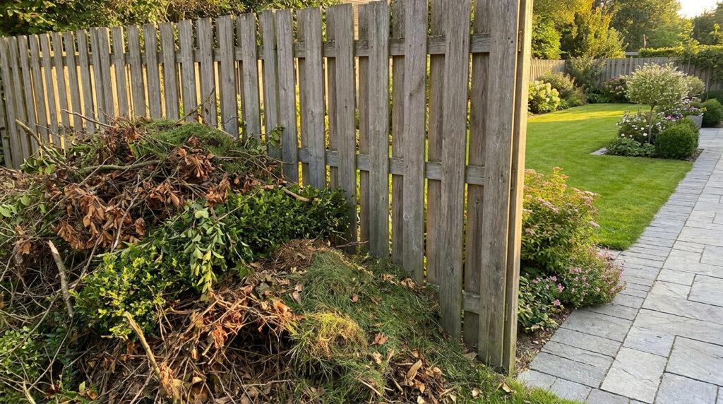 Tas de déchets verts et branchages entassés contre une clôture en bois dans un jardin.