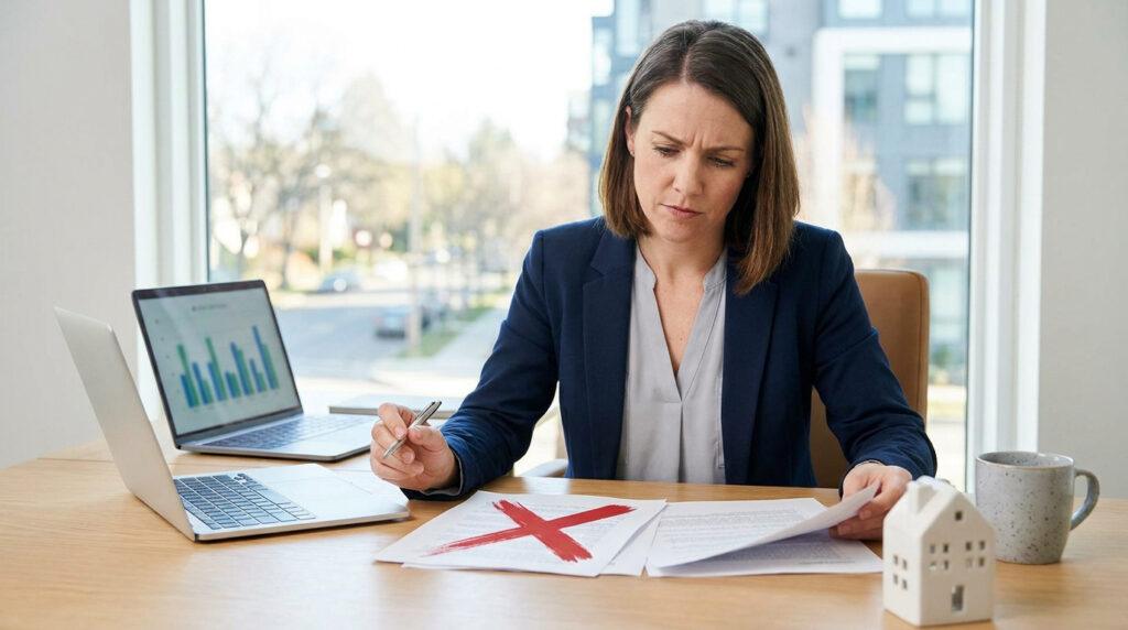 Une femme d'affaires avec un air préoccupé regarde des documents marqués d'une croix rouge, avec une figurine de maison.