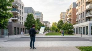 Un homme utilise une application de cartographie sur son téléphone dans un quartier résidentiel moderne à Sartrouville.