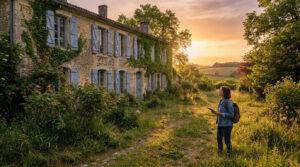 Une femme avec un sac à dos regarde une ancienne maison en pierre couverte de lierre lors d'un coucher de soleil.