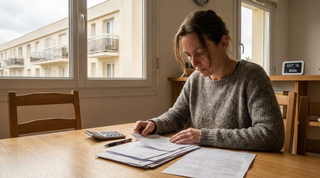 Une femme vérifie attentivement ses factures et documents de loyer HLM à une table, l'air préoccupé.