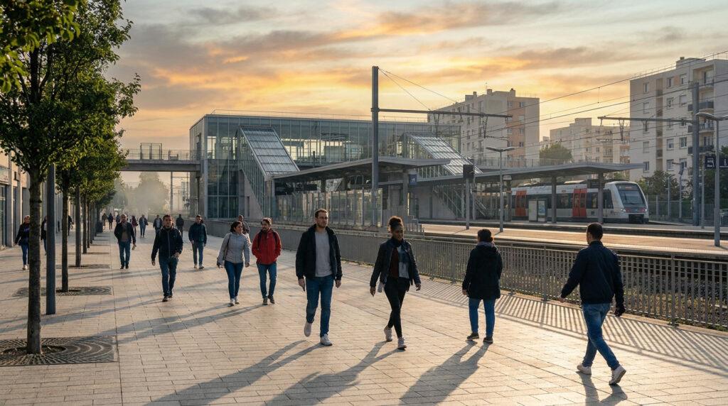 Piétons marchant près de la gare de Houilles-Carrières-sur-Seine au coucher du soleil.