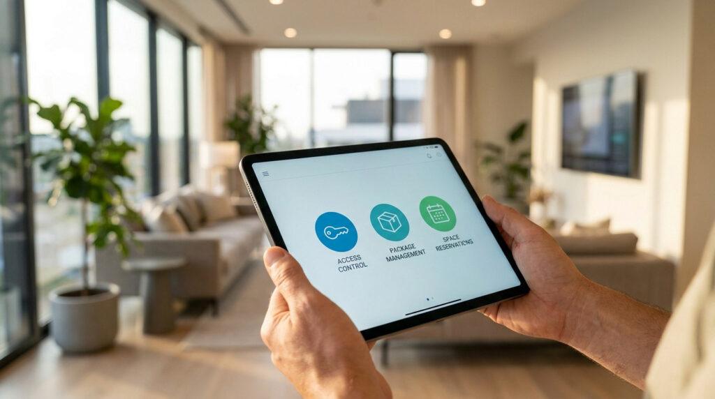 Mains tenant une tablette affichant l'interface UrbaMate pour contrôler les accès, les colis et les réservations.