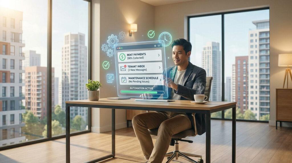 Un homme d'affaires utilise une interface holographique pour gérer ses locations immobilières dans un bureau moderne.