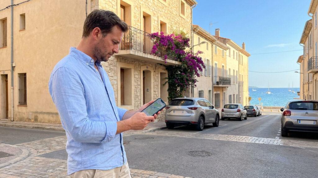 Un homme regarde une carte sur son smartphone dans une rue ensoleillée de Six-Fours-les-Plages.