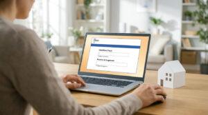 Une personne utilisant un ordinateur portable pour saisir son identifiant fiscal et numéro de logement sur un site officiel.