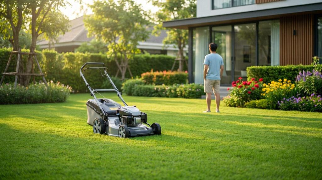 Une tondeuse à gazon sur une pelouse verdoyante avec un homme regardant son jardin devant une maison moderne.