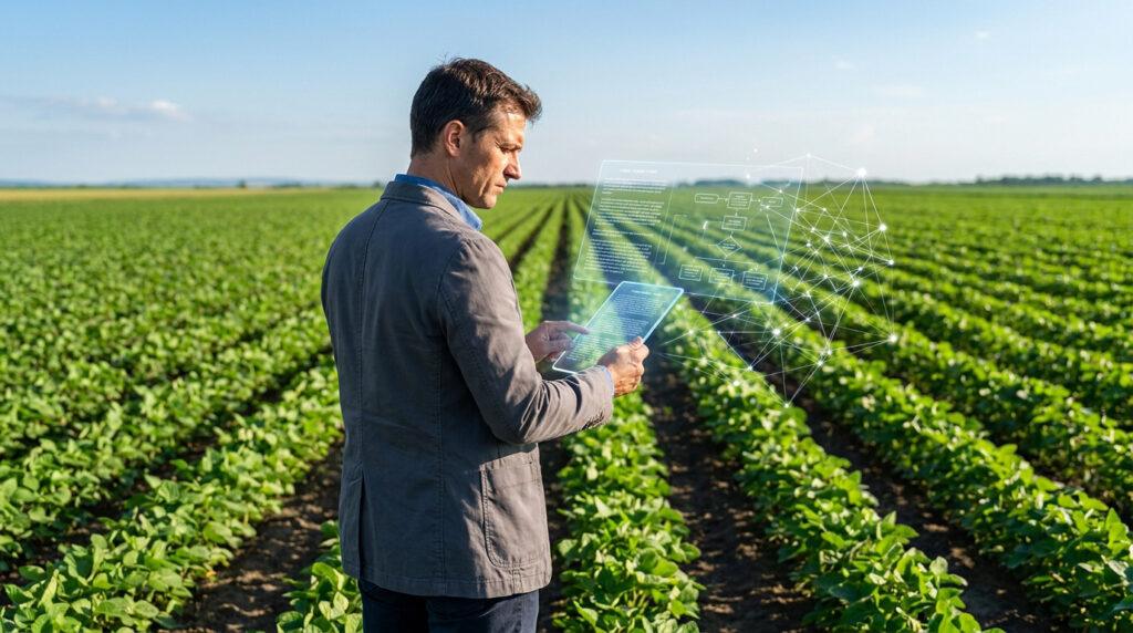 Un homme en costume utilisant une interface numérique holographique au-dessus d'un champ agricole.