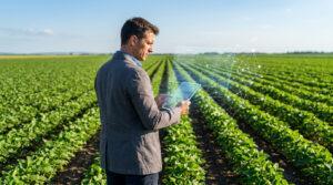 Un homme en costume utilisant une interface numérique holographique au-dessus d'un champ agricole.