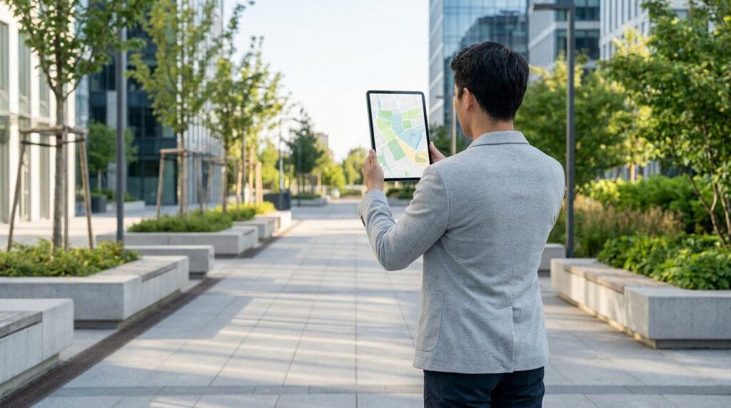 Un homme en veste grise consulte une carte interactive sur une tablette numérique au milieu d'une allée piétonne moderne.