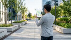 Un homme en veste grise consulte une carte interactive sur une tablette numérique au milieu d'une allée piétonne moderne.