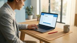 Un homme en costume utilise un ordinateur portable pour remplir un formulaire de contact professionnel sur son bureau.