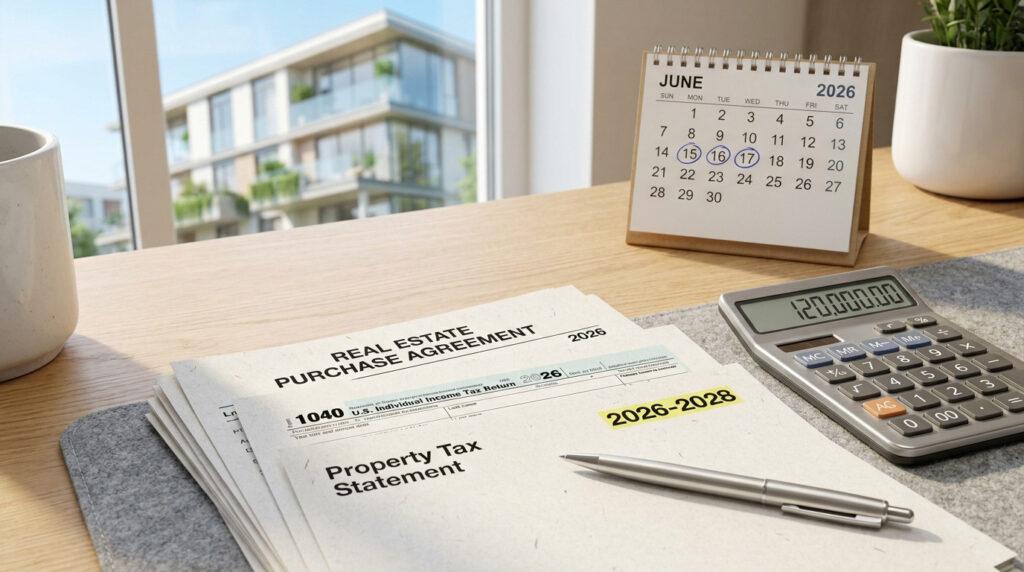 Documents fiscaux et immobiliers sur un bureau avec un calendrier de juin 2026 et une calculatrice.
