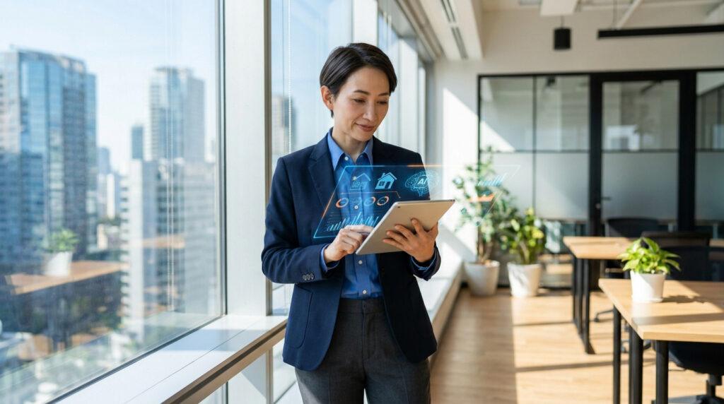 Une conseillère immobilière utilise une tablette avec des hologrammes de données et d'icônes de maison dans un bureau.