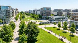 Vue panoramique du quartier moderne de Borderouge à Toulouse avec ses immeubles, ses espaces verts et son tramway.