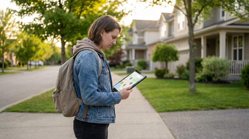 Une personne avec un sac à dos consulte une carte interactive sur une tablette dans une rue résidentielle.