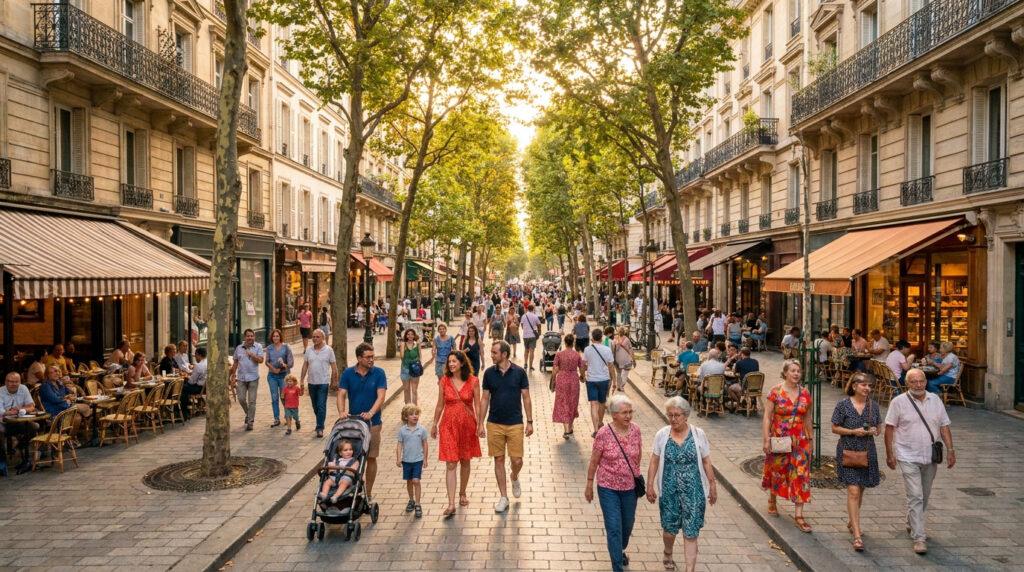 Rue piétonne animée à Paris avec des terrasses, des arbres et des passants sous une lumière dorée.