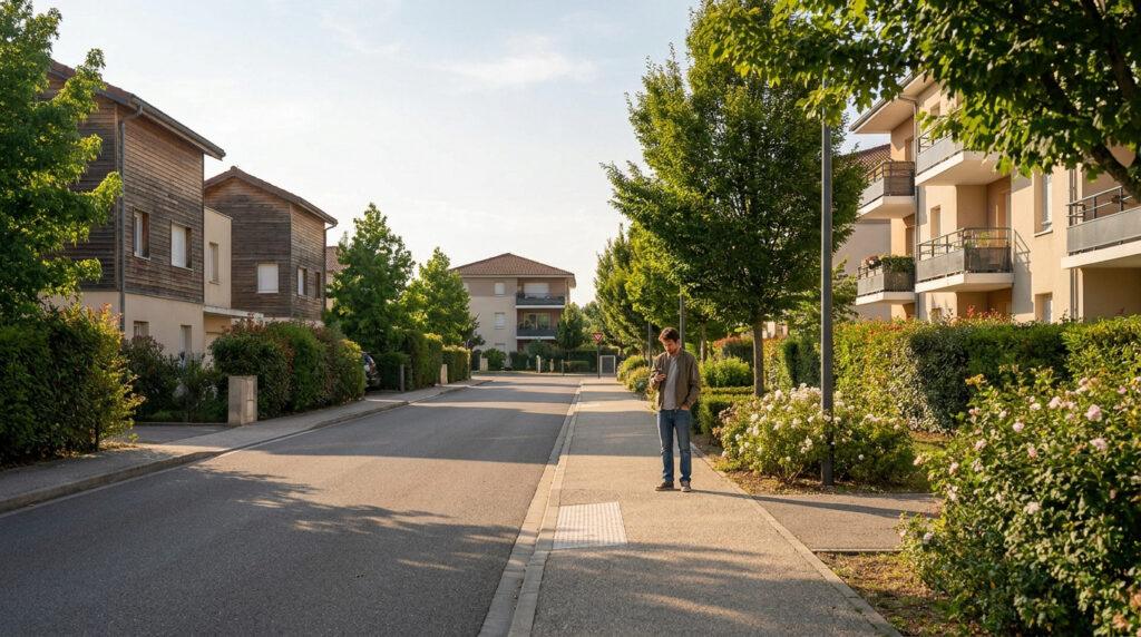Un homme regarde son téléphone sur le trottoir d'une rue résidentielle bordée de maisons modernes et d'immeubles.