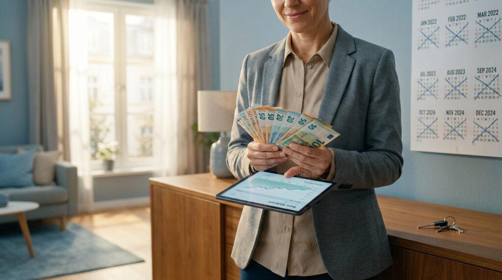 Une personne en veste grise tient des billets en euros et une tablette dans un salon avec un calendrier mural.