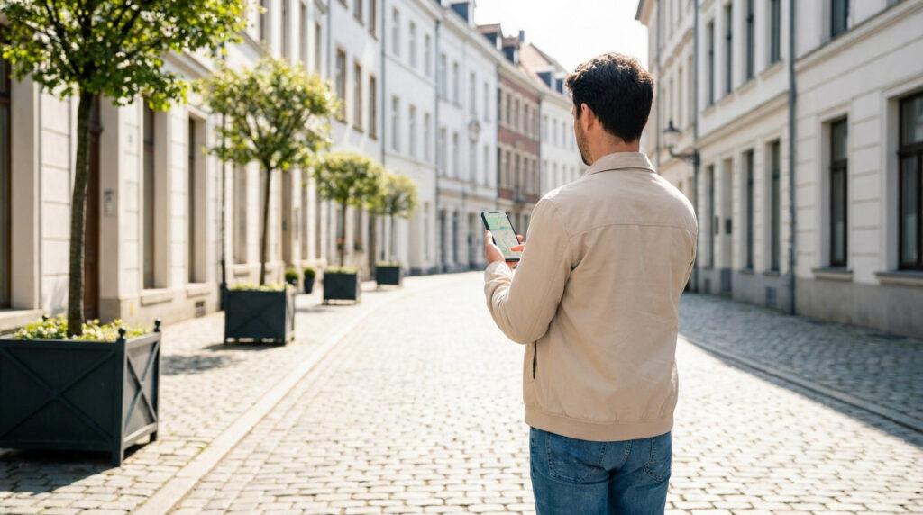 Un homme de dos regarde un plan sur son smartphone dans une rue pavée bordée de bâtiments historiques.