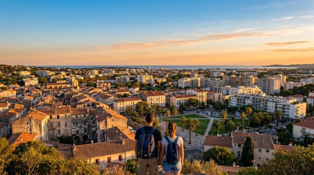 Un couple avec des sacs à dos observe une vue panoramique sur la ville de Fréjus sous une lumière de coucher de soleil.