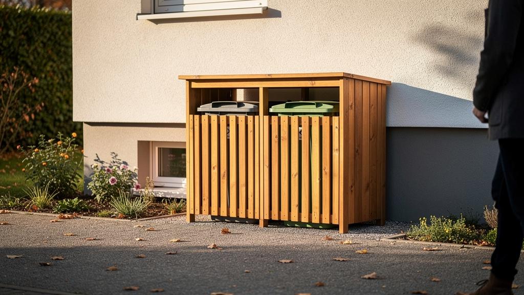 Abri à poubelles en bois adossé à une façade de maison
