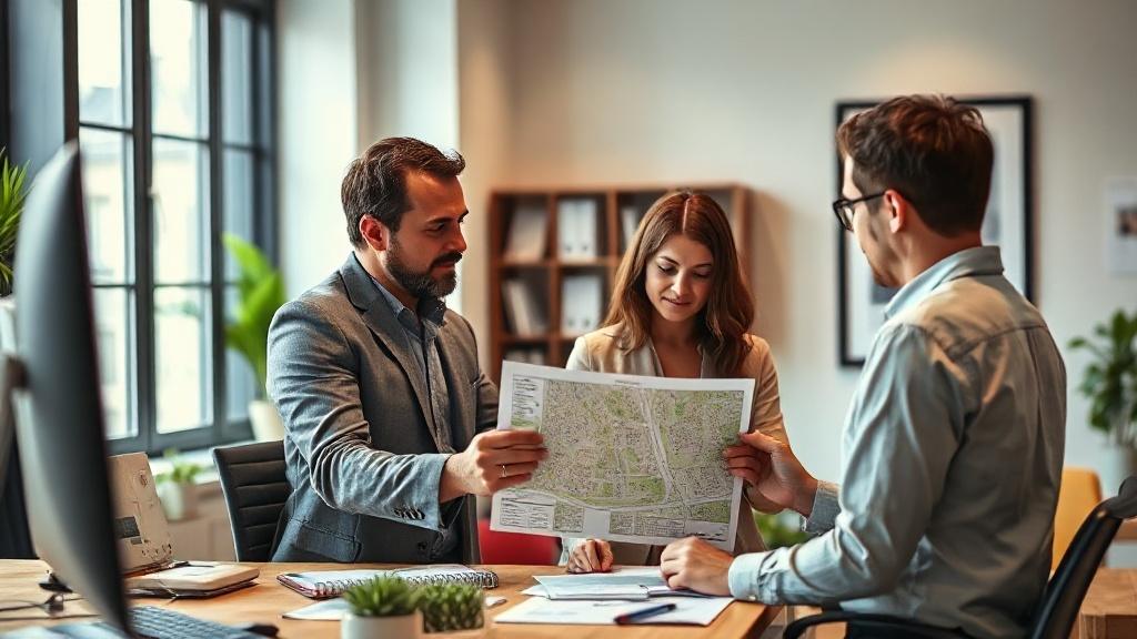 Agent immobilier montrant un plan de quartier à un couple de clients dans un bureau