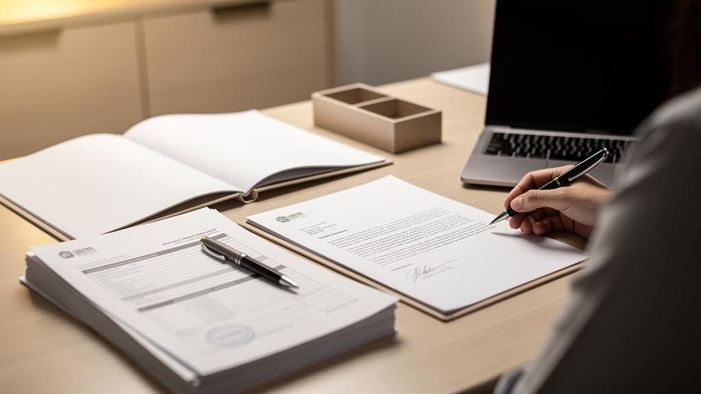Personne rédigeant un courrier officiel assise à un bureau avec des documents administrati
