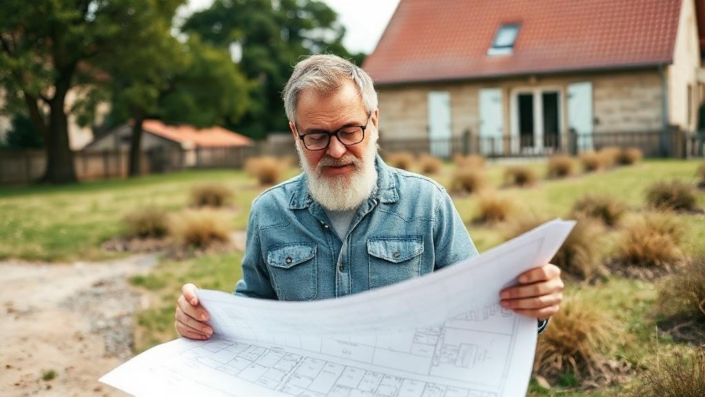 Propriétaire examinant un plan cadastral devant sa parcelle