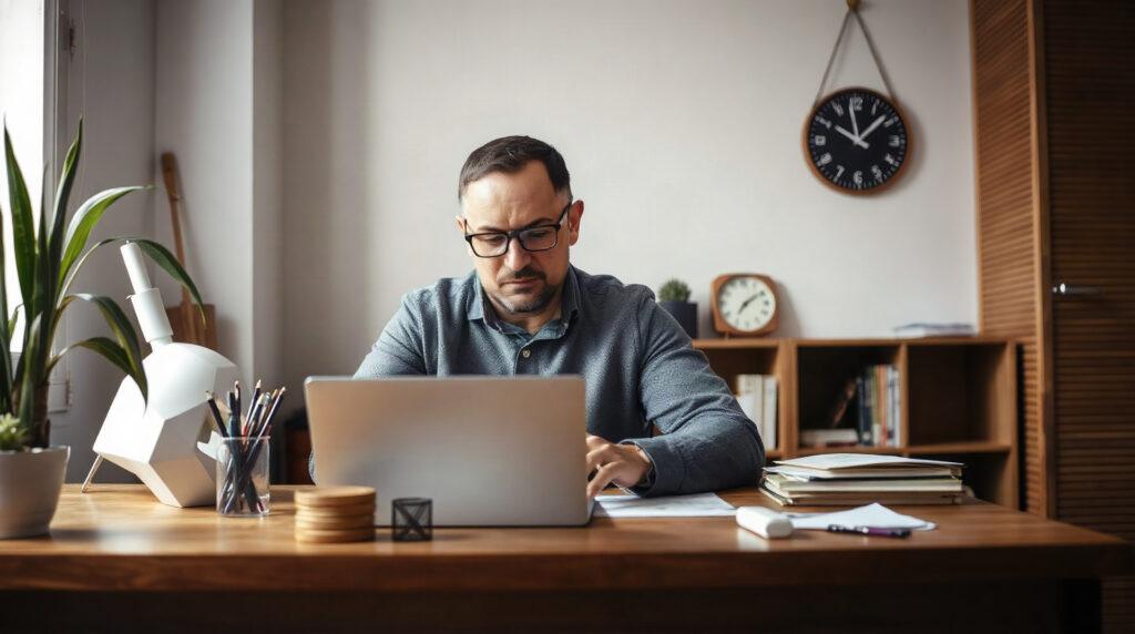 Un locataire consultant ses documents sur un ordinateur portable à son bureau