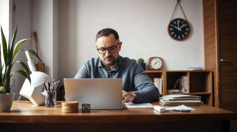Un locataire consultant ses documents sur un ordinateur portable à son bureau